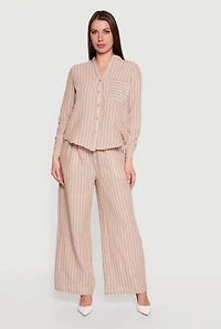 Striped V-Neck Button Front Long Sleeve Shirt