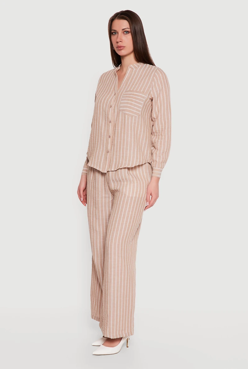 Striped V-Neck Button Front Long Sleeve Shirt