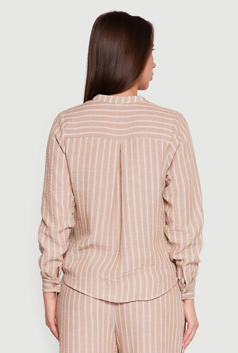 Striped V-Neck Button Front Long Sleeve Shirt