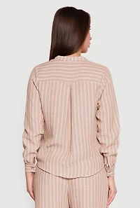 Striped V-Neck Button Front Long Sleeve Shirt