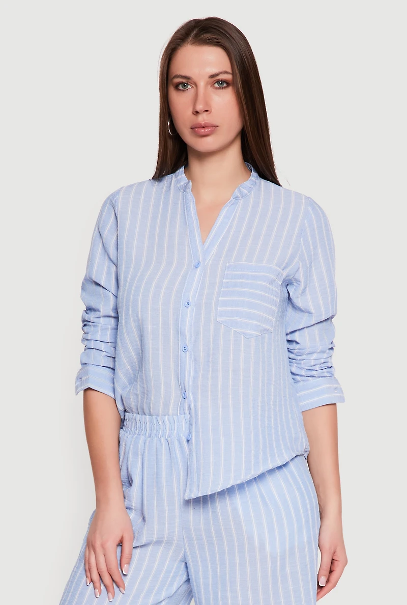 Striped V-Neck Button Front Long Sleeve Shirt
