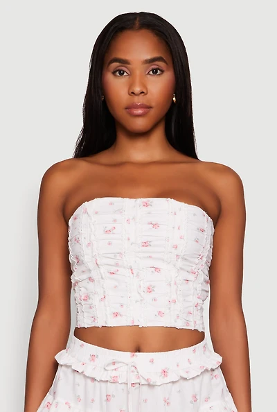 Womens Iris Floral Print Lace Detail Cropped Tube Top, White, Size M