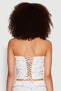 Womens Iris Floral Print Lace Detail Cropped Tube Top, White, Size S