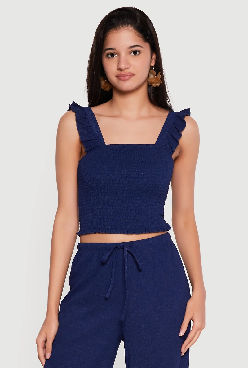 Ruffle Strap Smocked Crop Top
