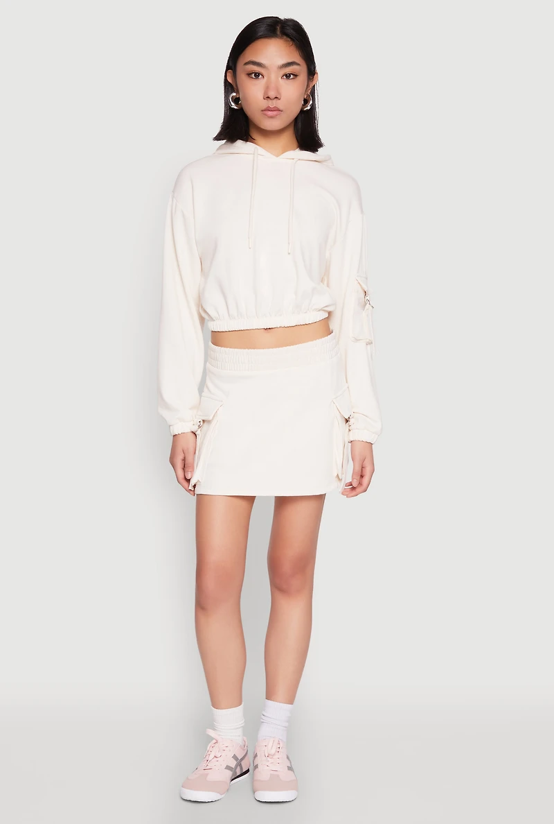 Womens Iris Fleece Cargo Pocket Pullover Hoodie, White, Size S