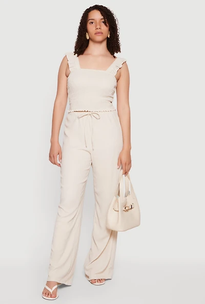 Drawstring High Waisted Wide Leg Textured Knit Pants
