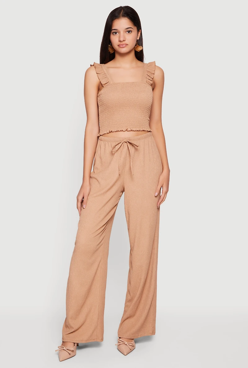 Drawstring High Waisted Wide Leg Textured Knit Pants