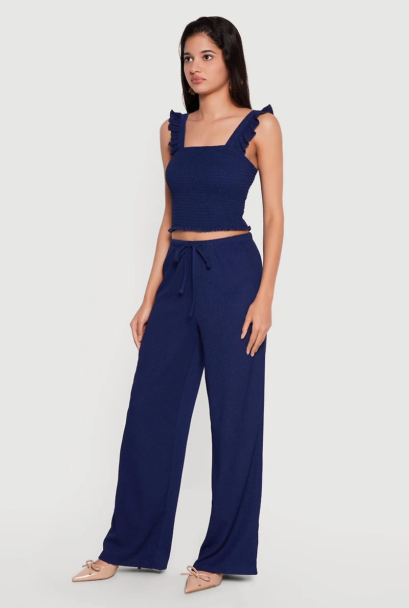 Drawstring High Waisted Wide Leg Textured Knit Pants