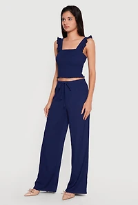Drawstring High Waisted Wide Leg Textured Knit Pants