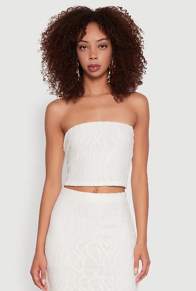 Womens Haute Monde Patterned Mesh Cropped Tube Top, White, Size L