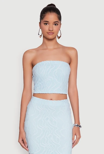 Womens Haute Monde Patterned Mesh Cropped Tube Top, Blue,
