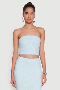 Womens Haute Monde Patterned Mesh Cropped Tube Top, Blue,