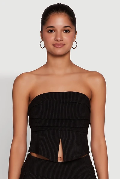 Womens Haute Monde Trendy Pinstripe Strapless Crop Top, Black, Size M