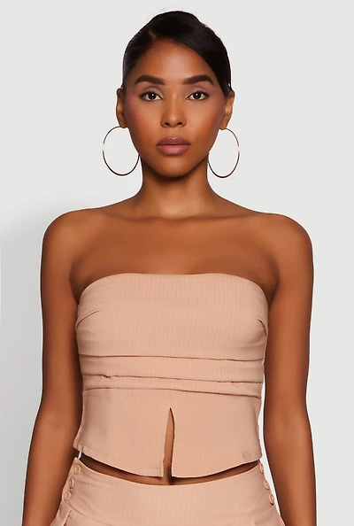 Womens Haute Monde Trendy Pinstripe Strapless Crop Top, Beige, Size M