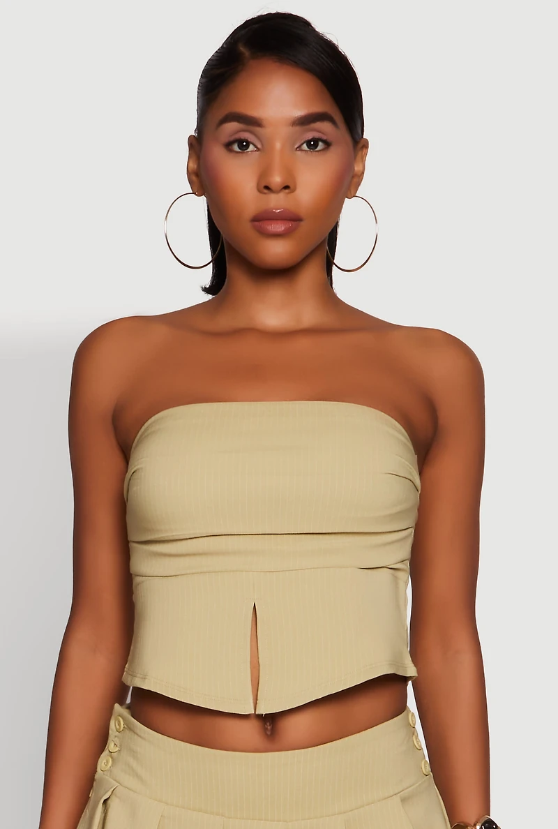 Womens Haute Monde Trendy Pinstripe Strapless Crop Top, Green, Size S