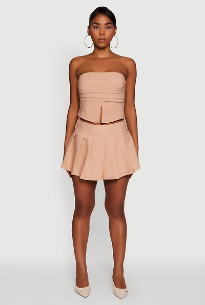 Womens Haute Monde Pinstripe Button Detail Pleated Skort, Khaki, Size L