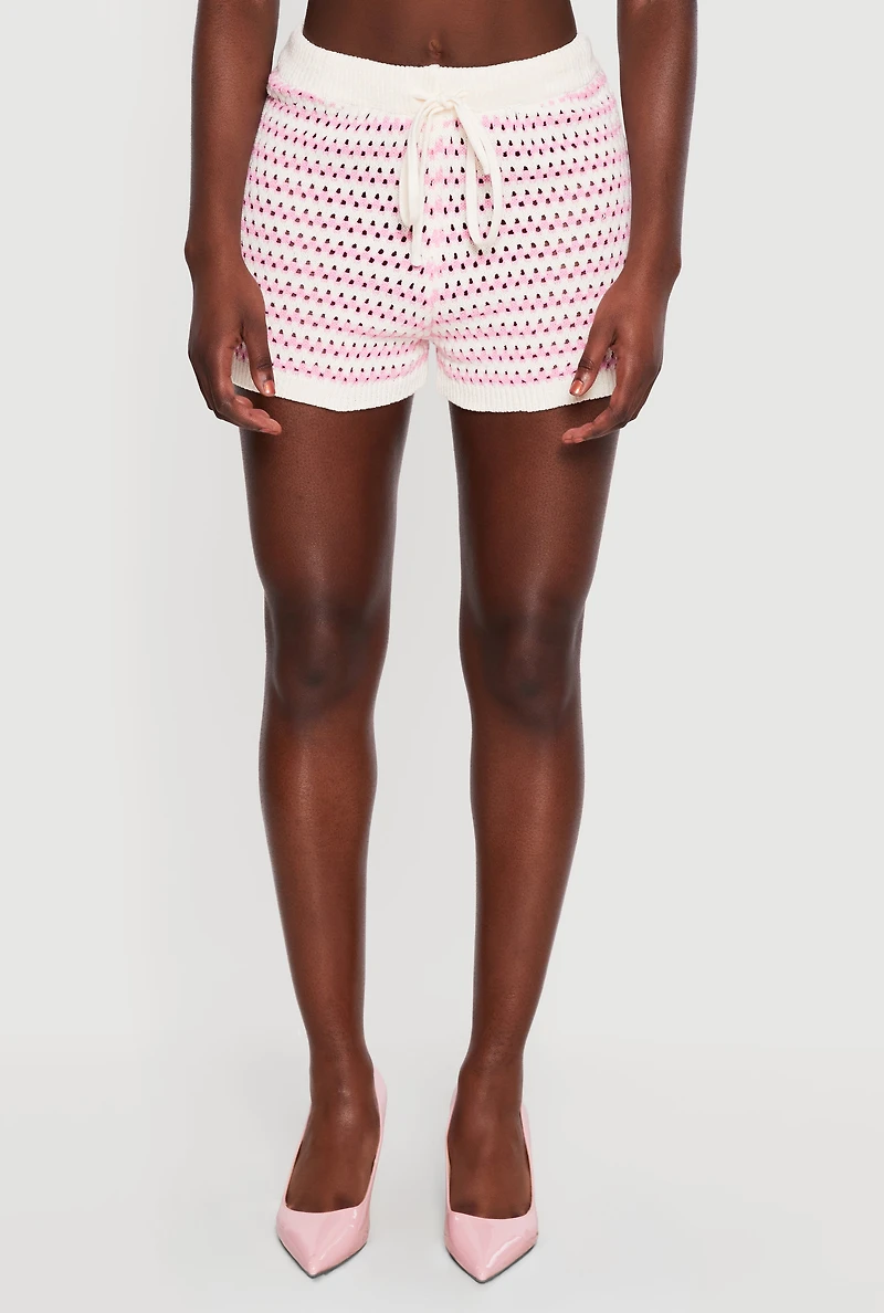 Striped Drawstring High Waisted Crochet Shorts