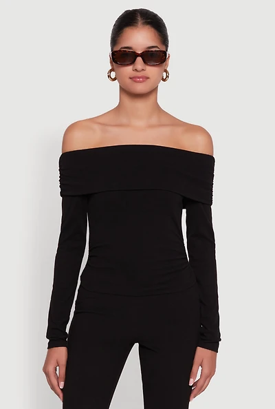 Womens Haute Monde Fold Over Off The Shoulder Top, Black, Size S