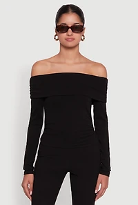 Womens Haute Monde Fold Over Off The Shoulder Top, Black, Size S