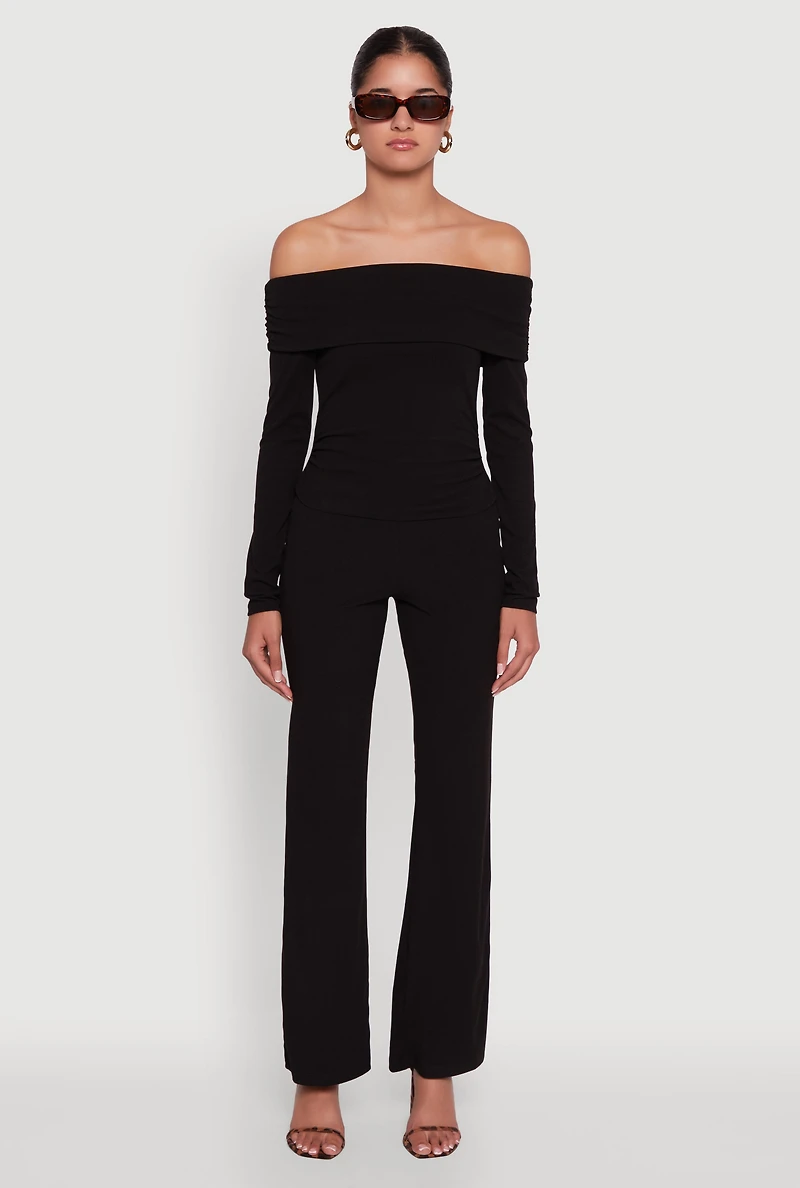Womens Haute Monde Fold Over Off The Shoulder Top, Black, Size S