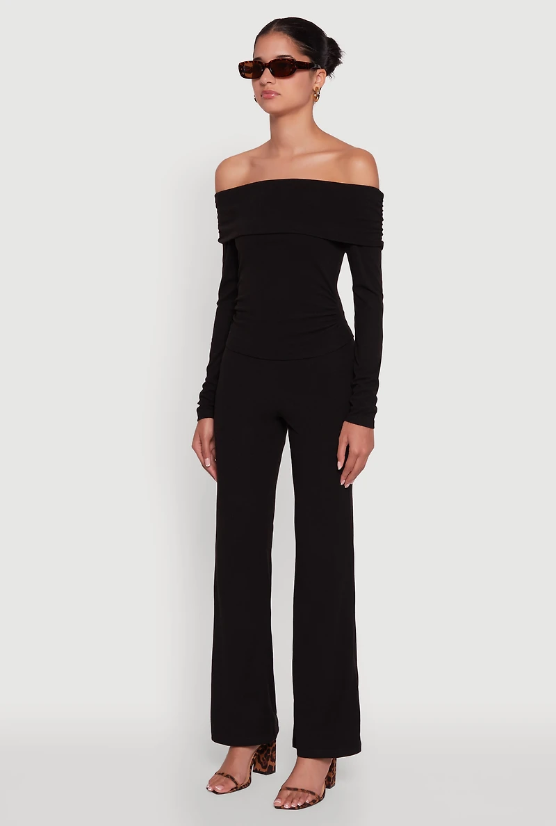 Womens Haute Monde Fold Over Off The Shoulder Top, Black, Size S