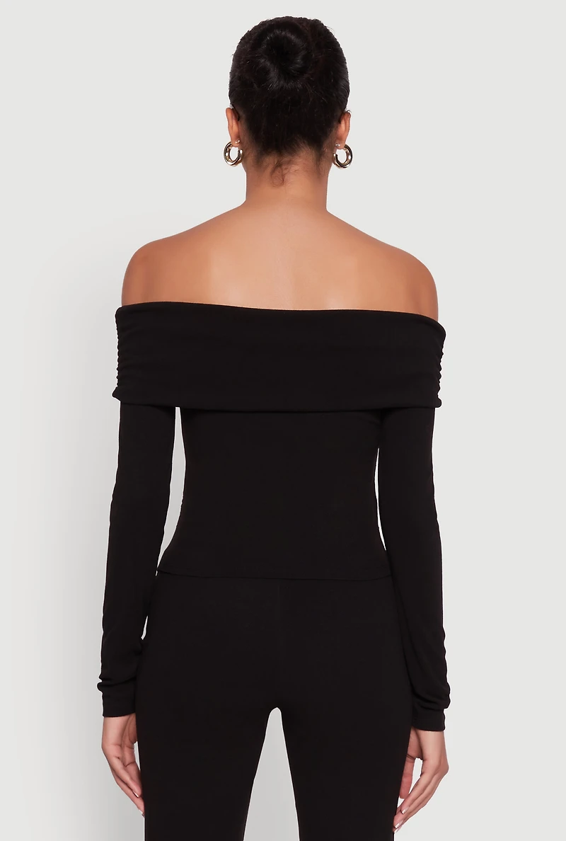 Womens Haute Monde Fold Over Off The Shoulder Top, Black, Size S