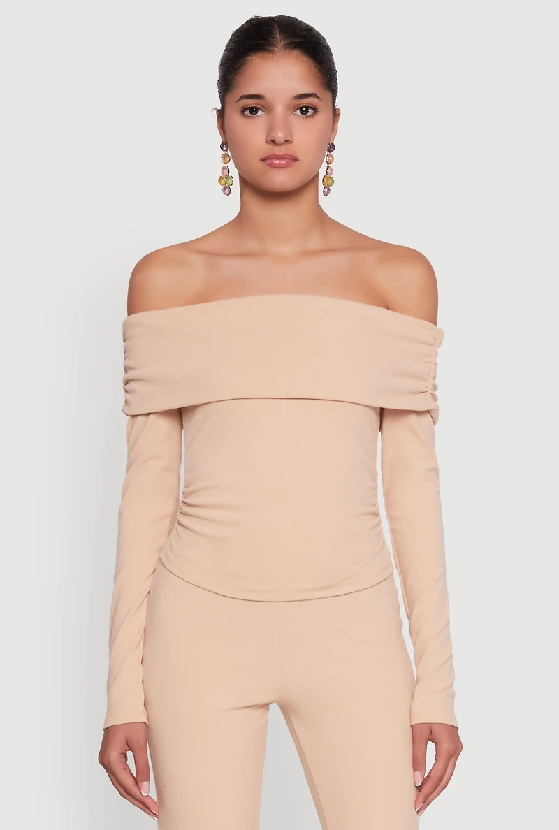 Womens Haute Monde Fold Over Off The Shoulder Top, Beige, Size S