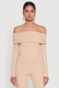 Womens Haute Monde Fold Over Off The Shoulder Top, Beige, Size S