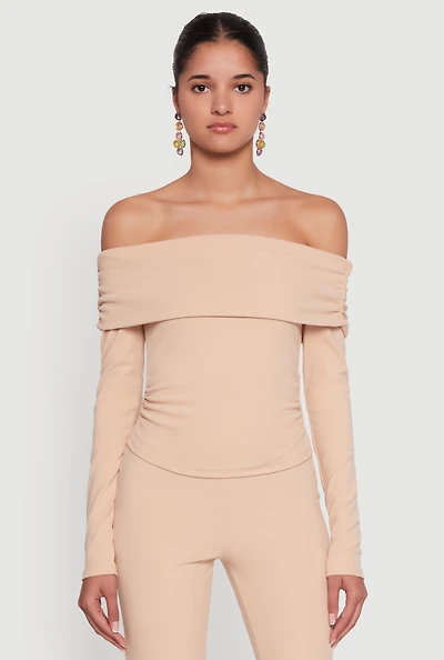 Womens Haute Monde Fold Over Off The Shoulder Top, Beige,