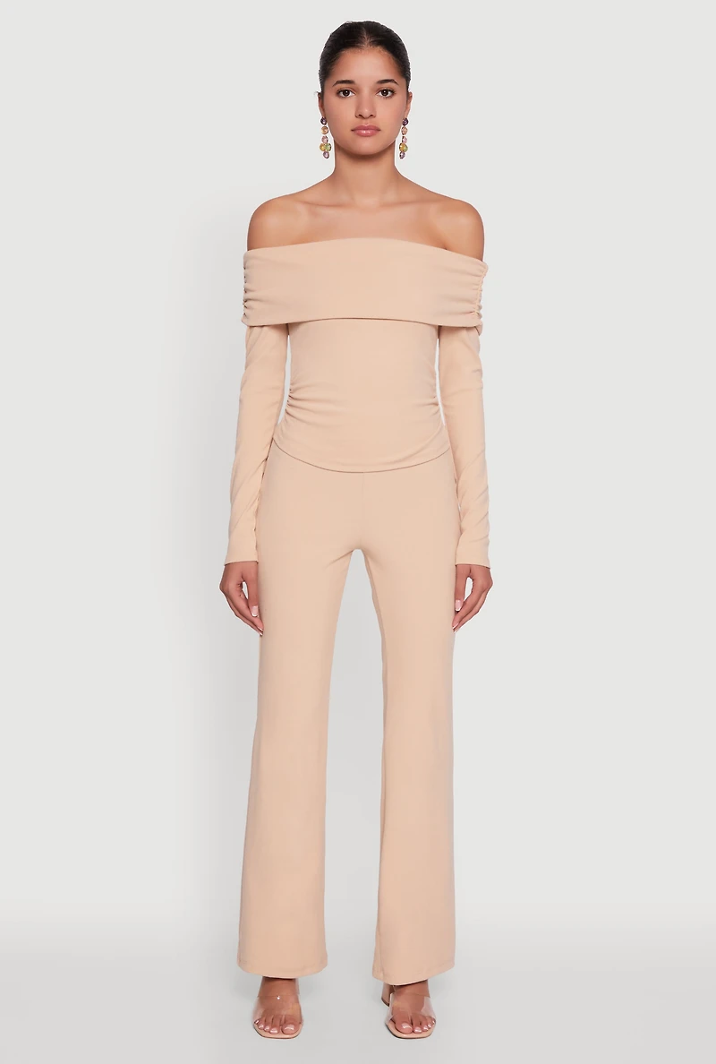 Womens Haute Monde Fold Over Off The Shoulder Top, Beige, Size M