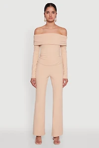 Womens Haute Monde Fold Over Off The Shoulder Top, Beige, Size S