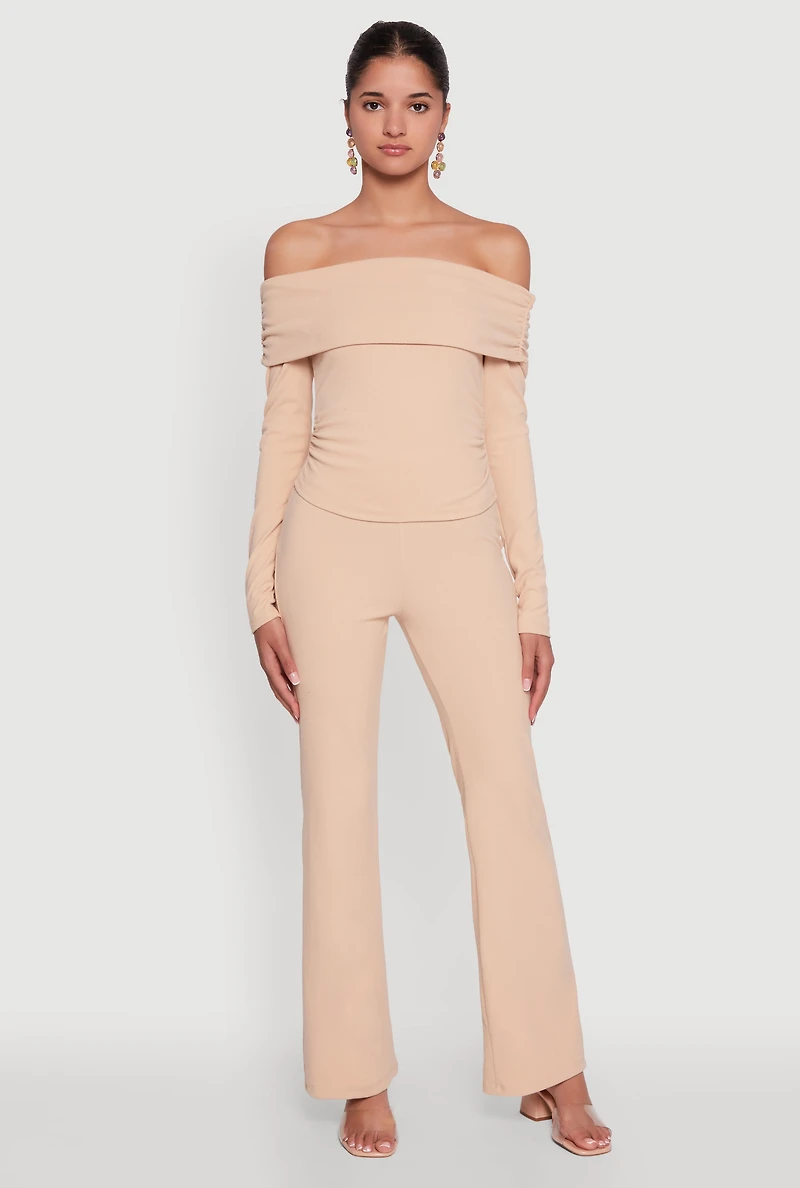 Womens Haute Monde Fold Over Off The Shoulder Top, Beige, Size S