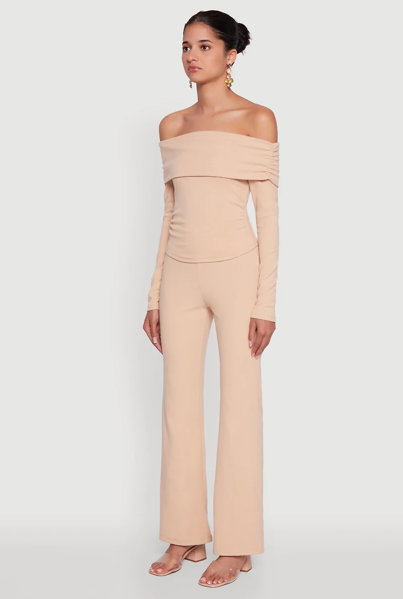 Womens Haute Monde Fold Over Off The Shoulder Top, Beige, Size S