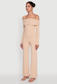 Womens Haute Monde Fold Over Off The Shoulder Top, Beige, Size S