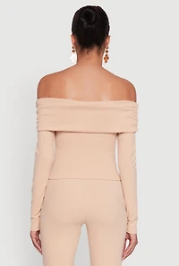 Womens Haute Monde Fold Over Off The Shoulder Top, Beige, Size S