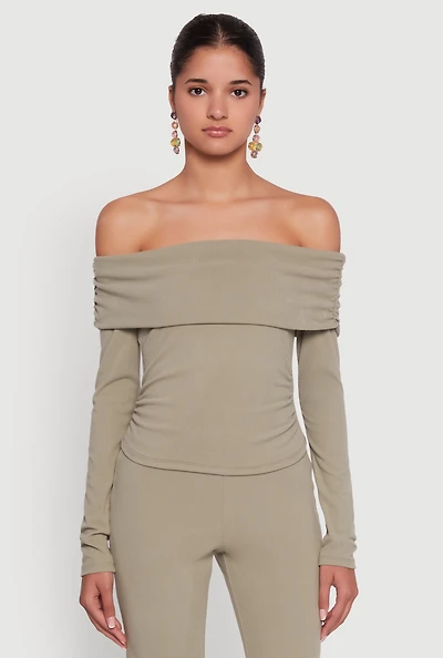 Womens Haute Monde Fold Over Off The Shoulder Top, Green,