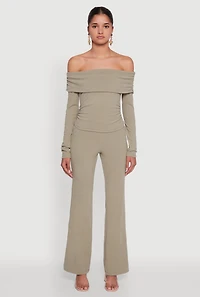 Womens Haute Monde Fold Over Off The Shoulder Top, Green,