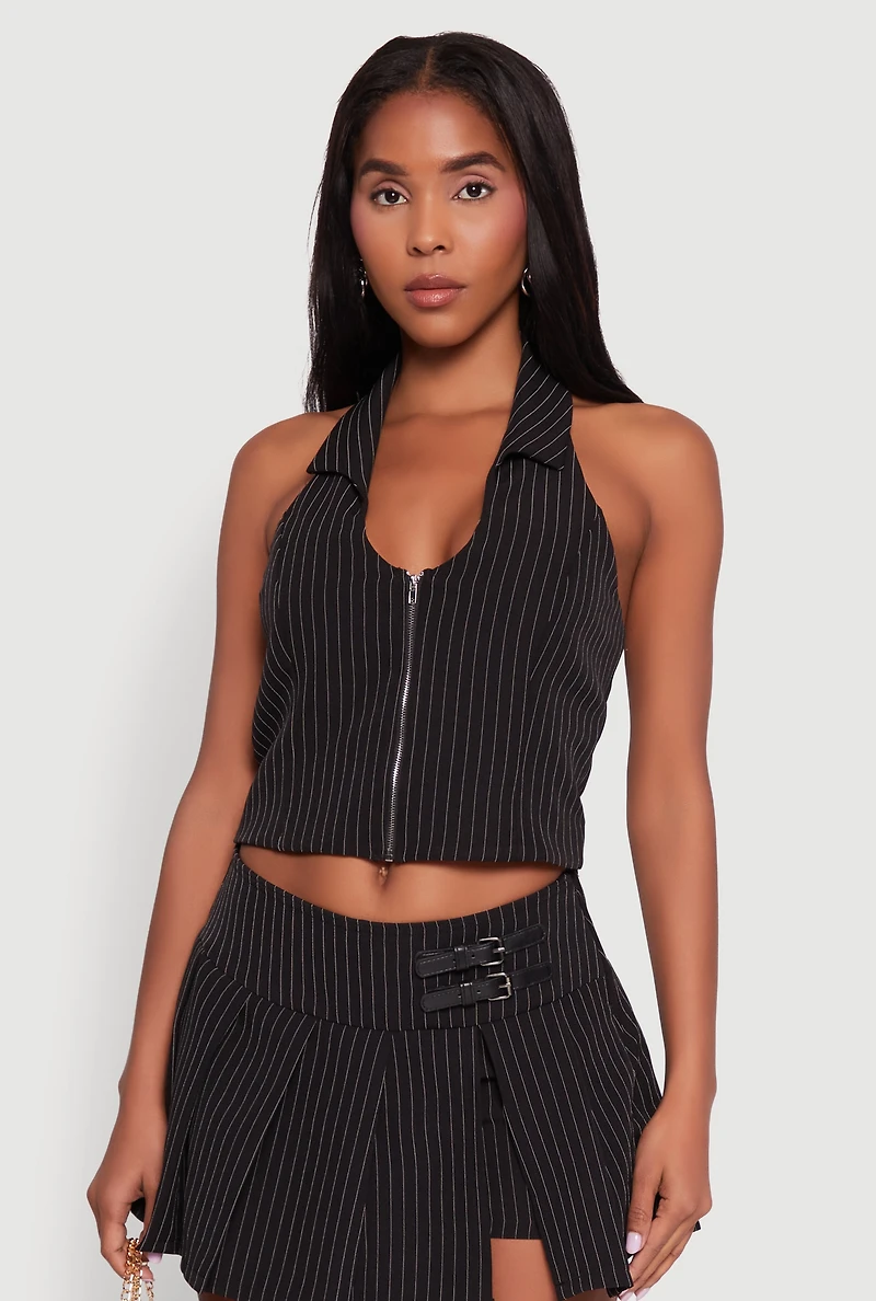 Womens Iris Pinstripe Zip Front Collared Halter Top, Black, Size S
