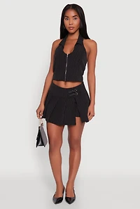 Womens Iris Pinstripe Zip Front Collared Halter Top, Black,