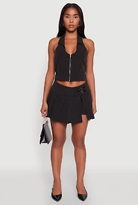 Womens Iris Pinstripe Zip Front Collared Halter Top, Black,