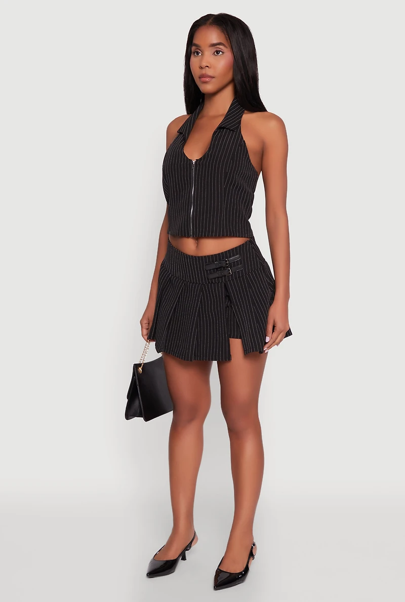 Womens Iris Pinstripe Zip Front Collared Halter Top, Black, Size S