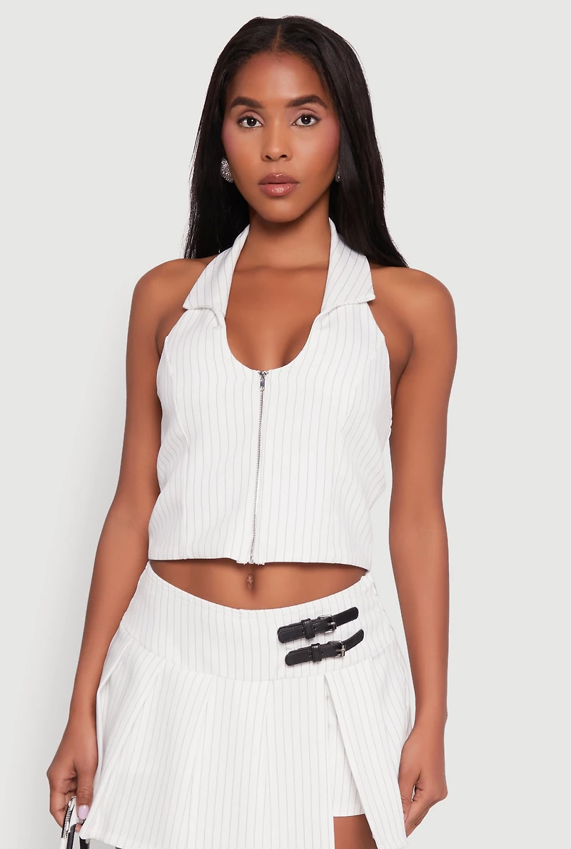 Womens Iris Pinstripe Zip Front Collared Halter Top, White, Size M