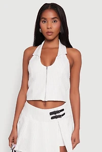 Womens Iris Pinstripe Zip Front Collared Halter Top, White, Size M