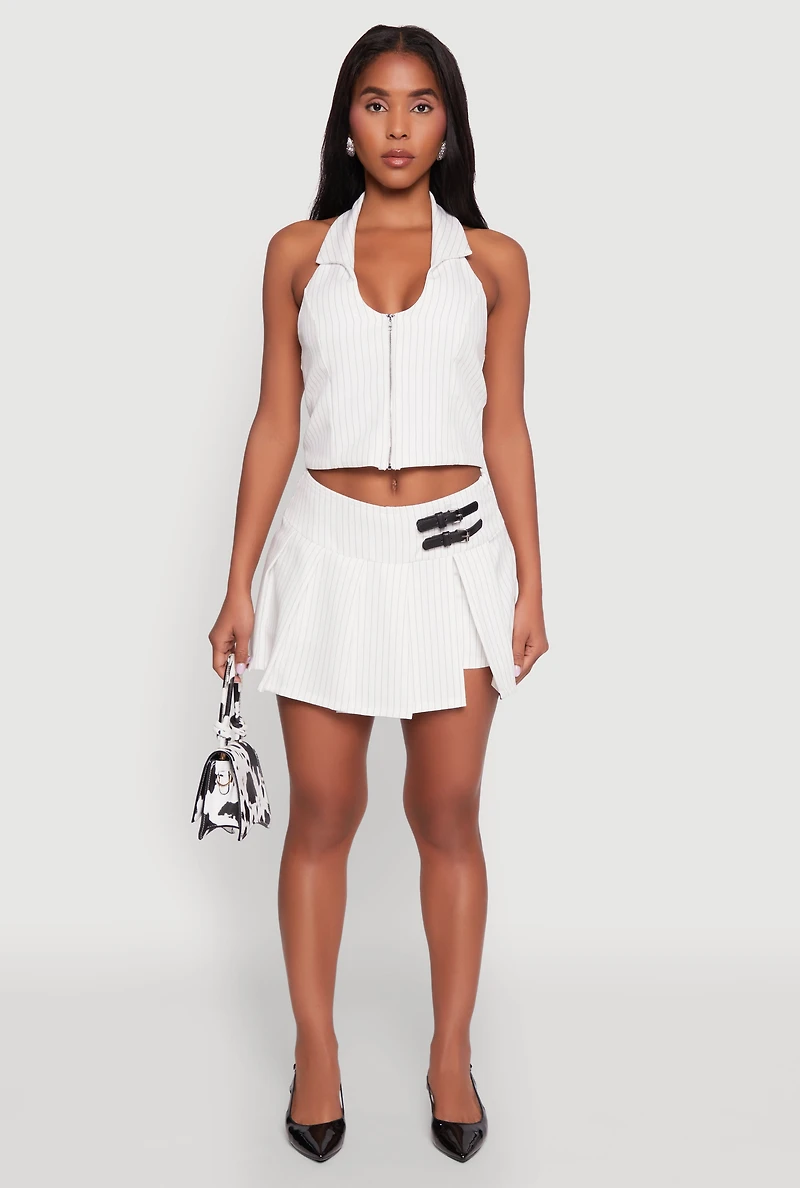 Womens Iris Pinstripe Zip Front Collared Halter Top, White, Size M