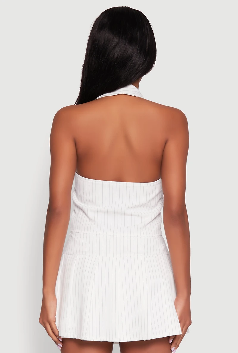 Womens Iris Pinstripe Zip Front Collared Halter Top, White, Size M