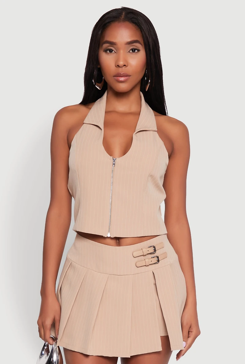 Womens Iris Pinstripe Zip Front Collared Halter Top, Beige, Size M