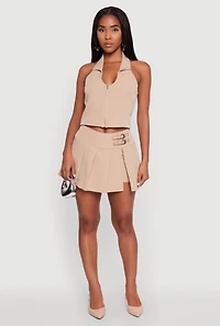 Womens Iris Pinstripe Zip Front Collared Halter Top, Beige, Size S