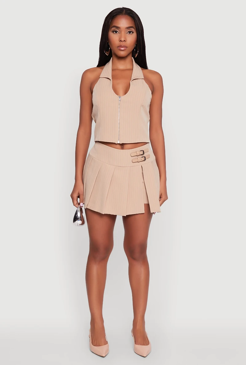 Womens Iris Pinstripe Zip Front Collared Halter Top, Beige, Size S