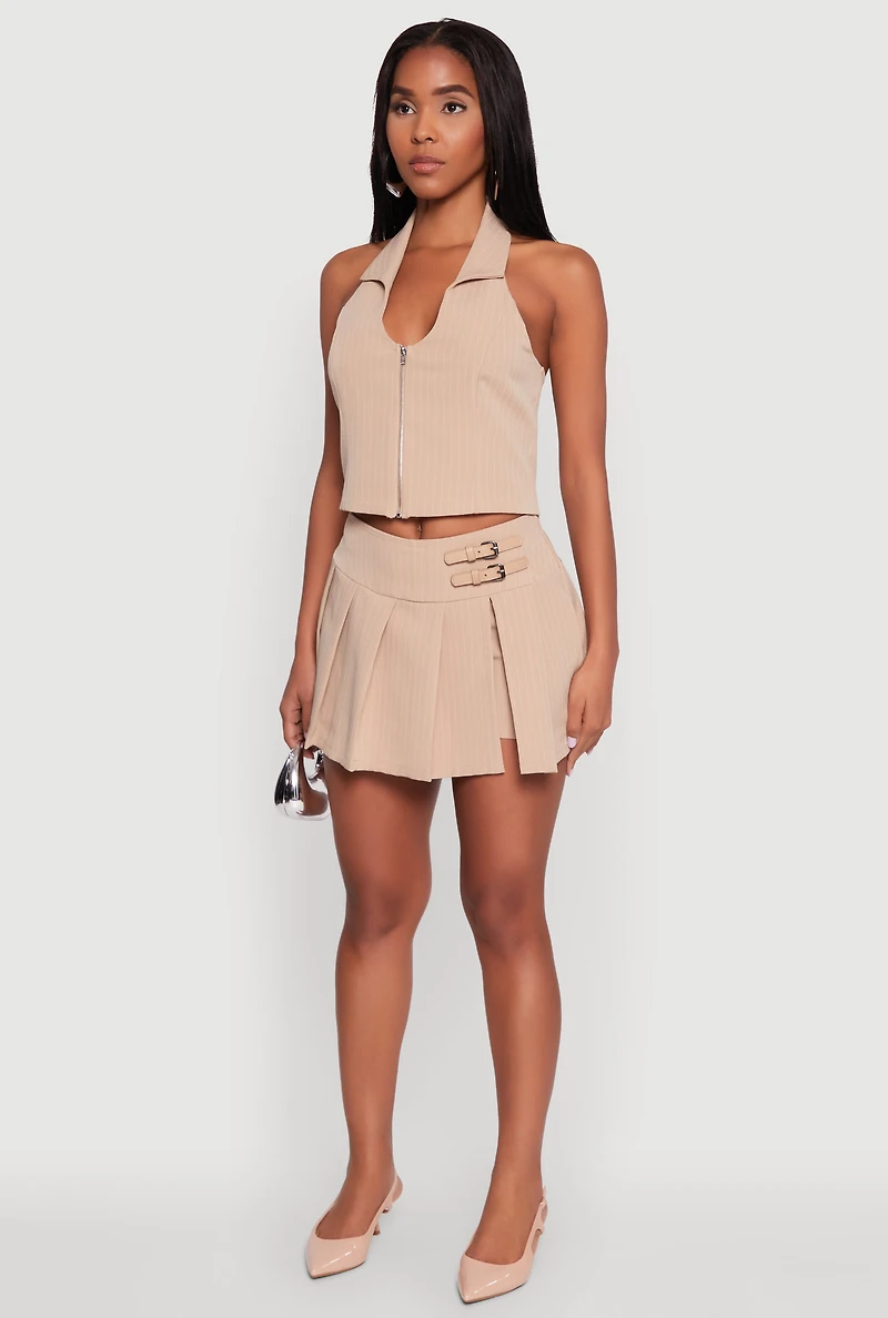 Womens Iris Pinstripe Zip Front Collared Halter Top, Beige, Size S