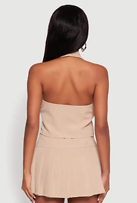 Womens Iris Pinstripe Zip Front Collared Halter Top, Beige, Size S